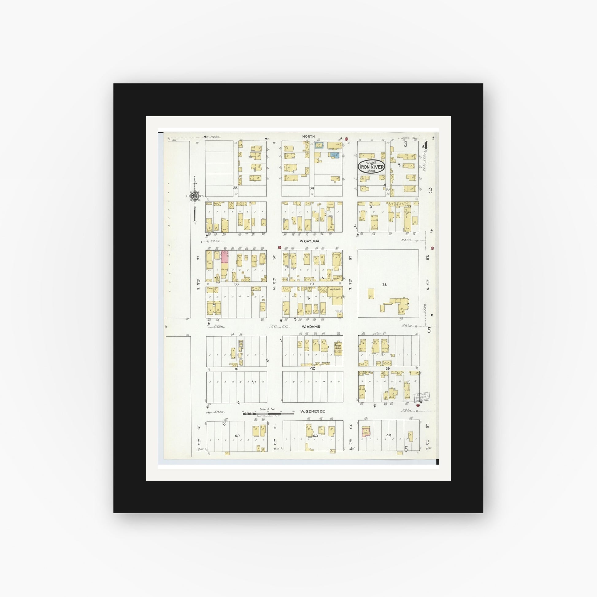 Old map wall art mockup — black gallery frame with white mat — Sanborn Fire Insurance Map from Iron River, Iron County, Michigan (1917), Sheet #0004