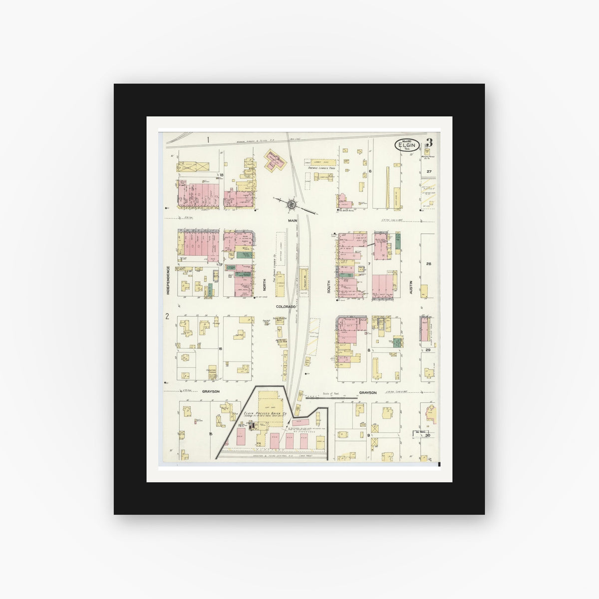 Old map wall art mockup — black gallery frame with white mat — Sanborn Fire Insurance Map from Elgin, Bastrop County, Texas (1910), Sheet #0003