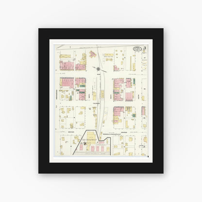 Old map wall art mockup — black gallery frame with white mat — Sanborn Fire Insurance Map from Elgin, Bastrop County, Texas (1910), Sheet #0003