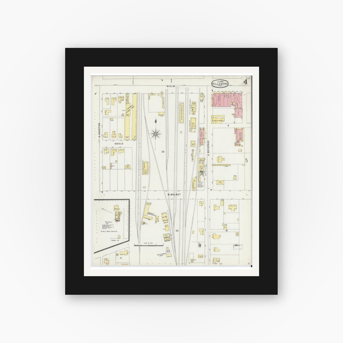 Old map wall art mockup — black gallery frame with white mat — Sanborn Fire Insurance Map from Hillsboro, Hill County, Texas (1896), Sheet #0004