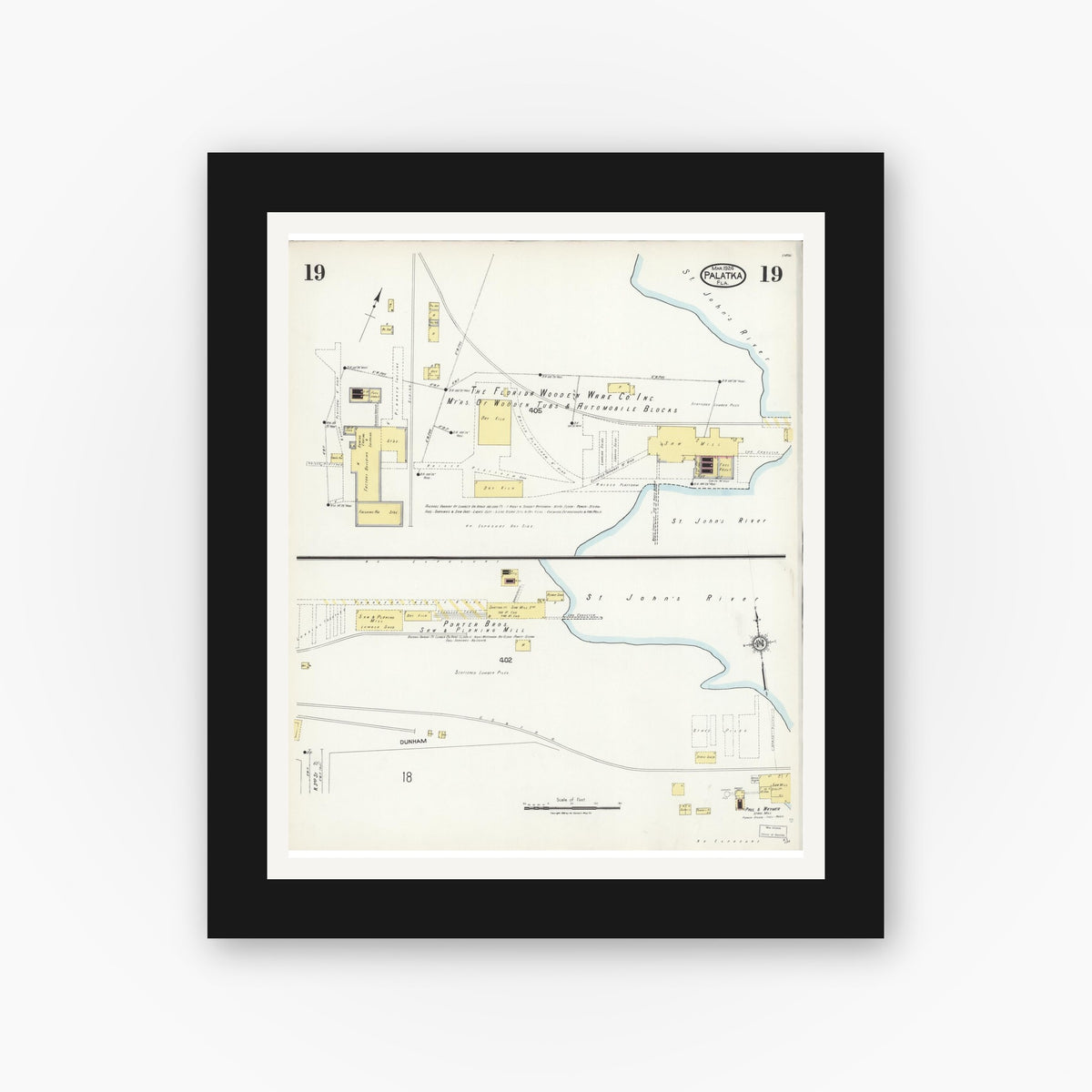 Old map wall art mockup — black gallery frame with white mat — Sanborn Fire Insurance Map from Palatka, Putnam County, Florida (1924), Sheet #0019