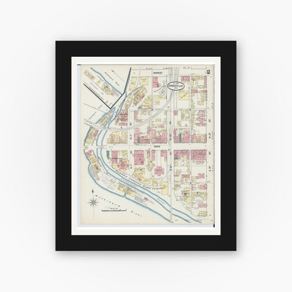 Old map wall art mockup — black gallery frame with white mat — Sanborn Fire Insurance Map from Zanesville, Muskingum County, Ohio (1889), Sheet #0002