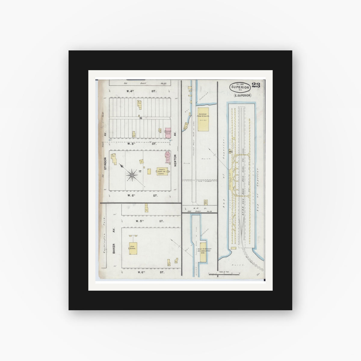 Old map wall art mockup — black gallery frame with white mat — Sanborn Fire Insurance Map from Superior, Douglas County, Wisconsin (1887), Sheet #0023