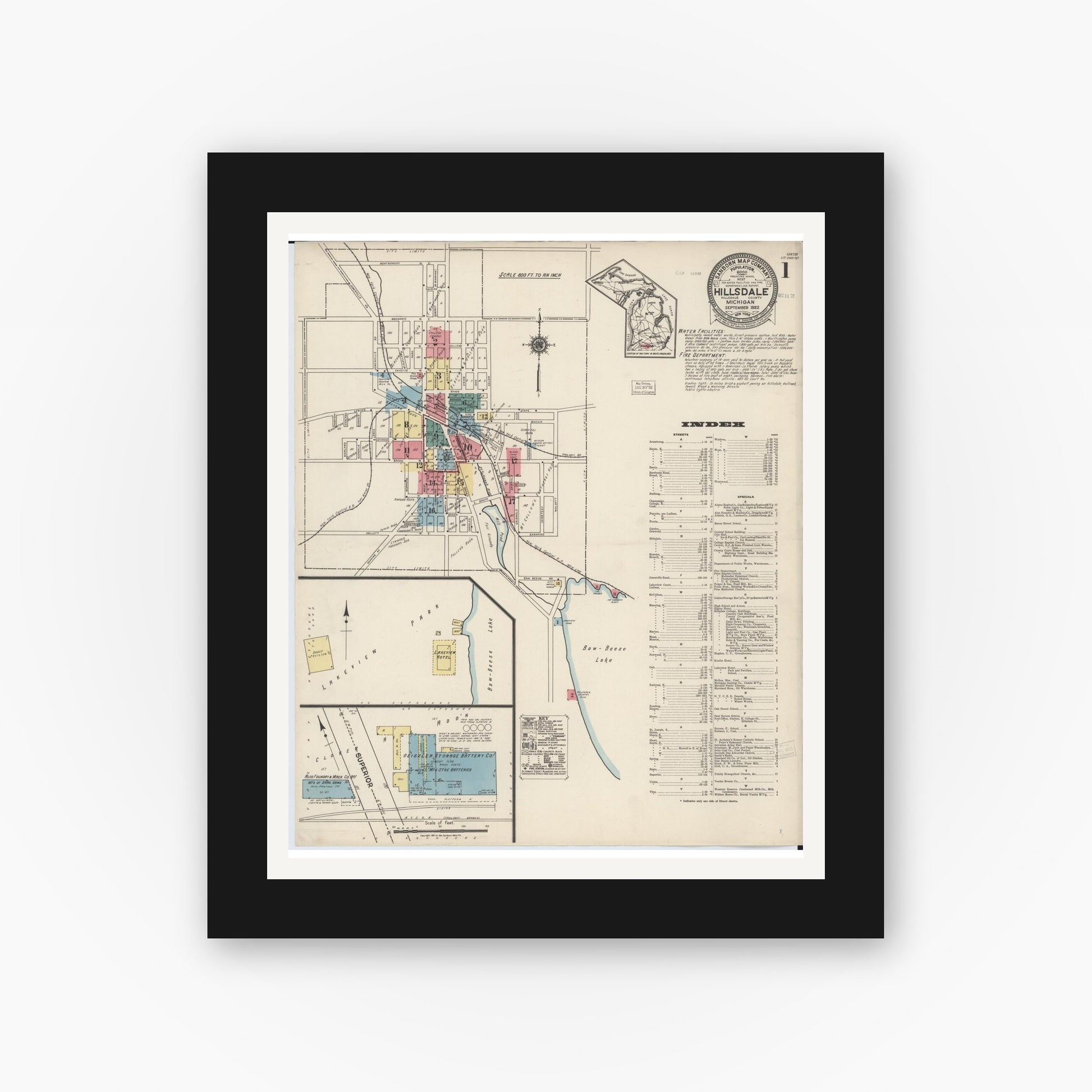 Old map wall art mockup — black gallery frame with white mat — Sanborn Fire Insurance Map from Hillsdale, Hillsdale County, Michigan (1922) - Complete Map Set