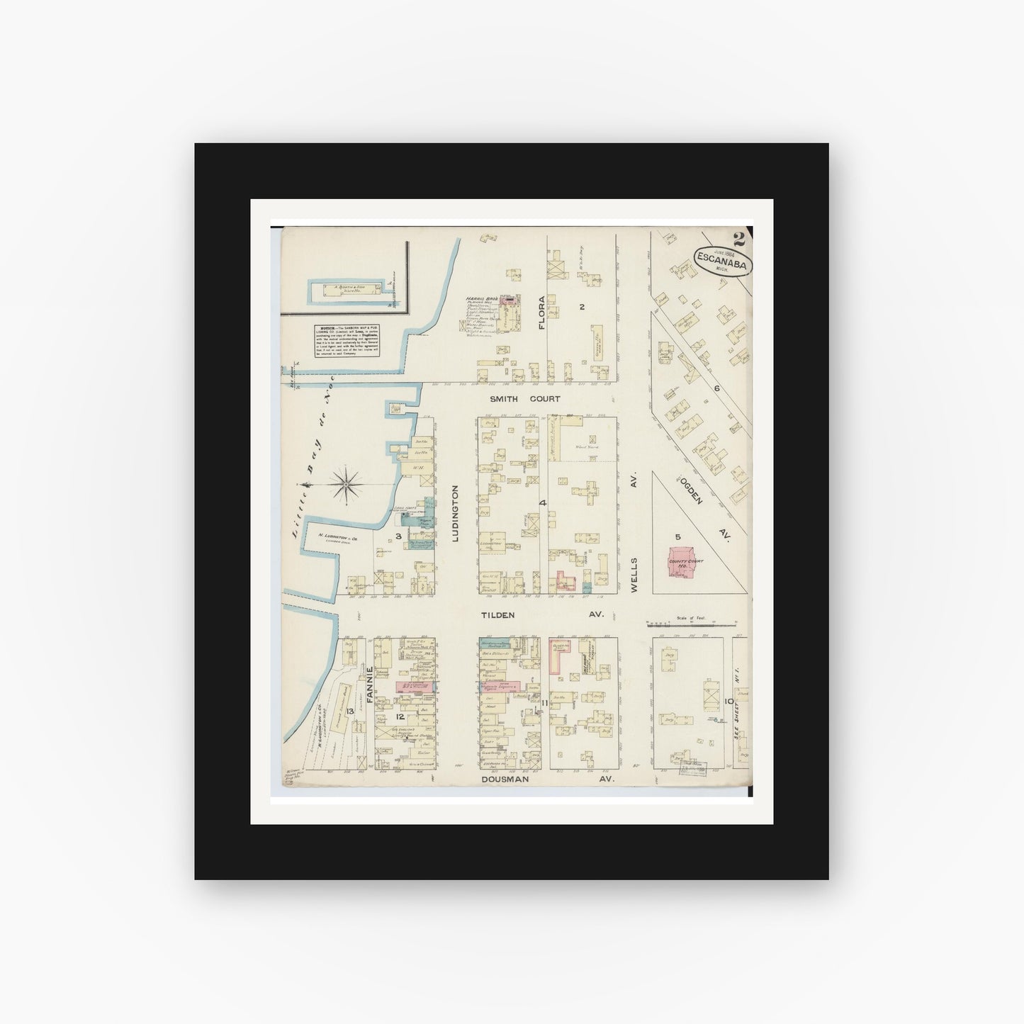 Old map wall art mockup — black gallery frame with white mat — Sanborn Fire Insurance Map from Escanaba, Delta County, Michigan (1884), Sheet #0002
