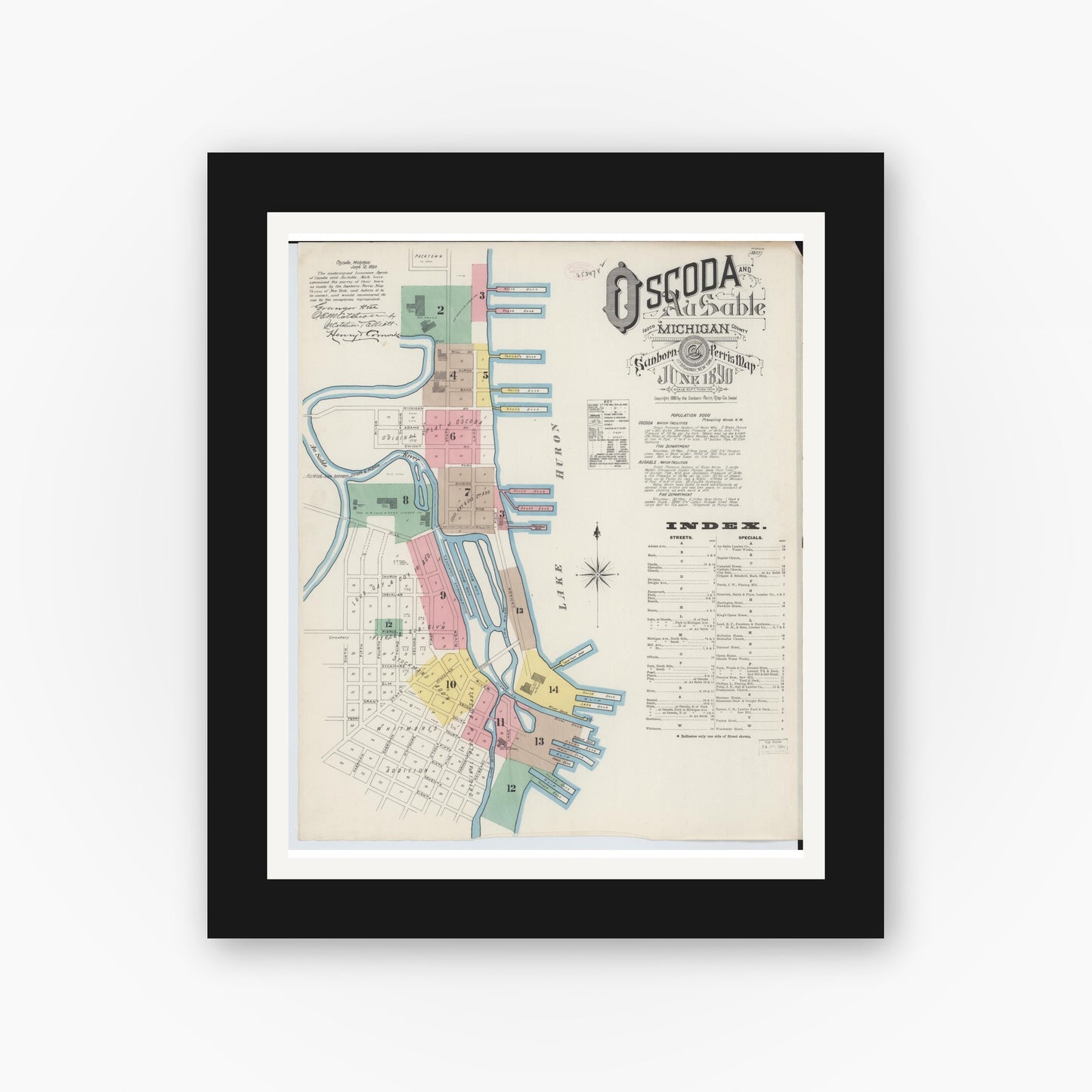 Old map wall art mockup — black gallery frame with white mat — Sanborn Fire Insurance Map from Oscoda, Iosco County, Michigan (1890) - Complete Map Set