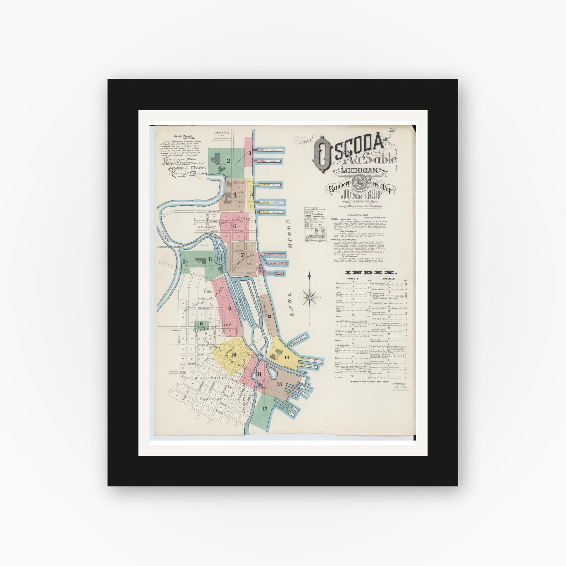 Old map wall art mockup — black gallery frame with white mat — Sanborn Fire Insurance Map from Oscoda, Iosco County, Michigan (1890) - Complete Map Set