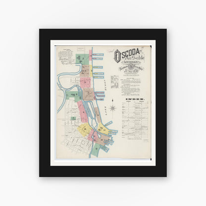 Old map wall art mockup — black gallery frame with white mat — Sanborn Fire Insurance Map from Oscoda, Iosco County, Michigan (1890) - Complete Map Set
