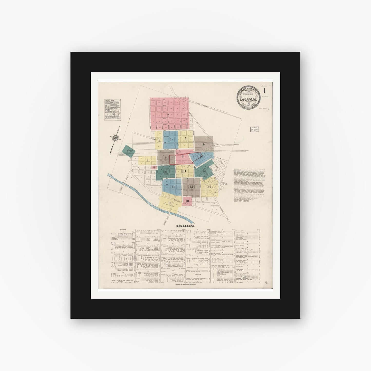 Old map wall art mockup — black gallery frame with white mat — Sanborn Fire Insurance Map from Livermore, Alameda County, California (1917) - Complete Map Set