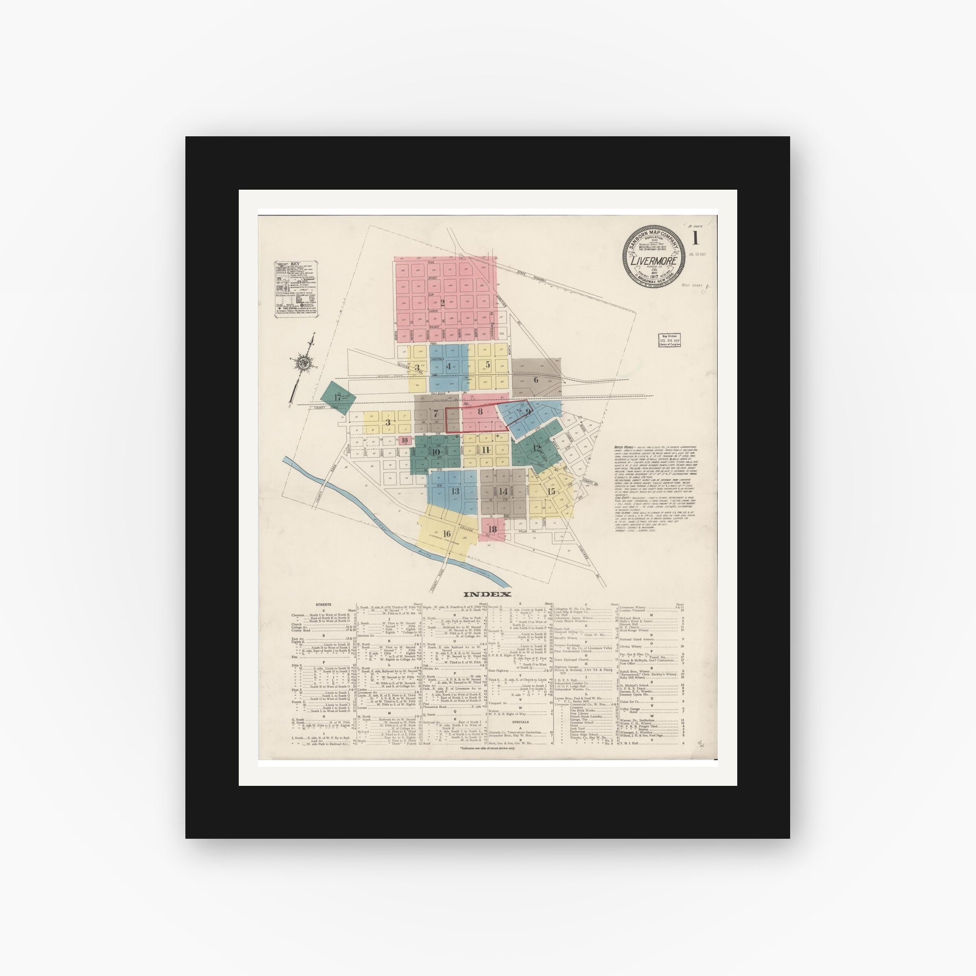 Old map wall art mockup — black gallery frame with white mat — Sanborn Fire Insurance Map from Livermore, Alameda County, California (1917) - Complete Map Set