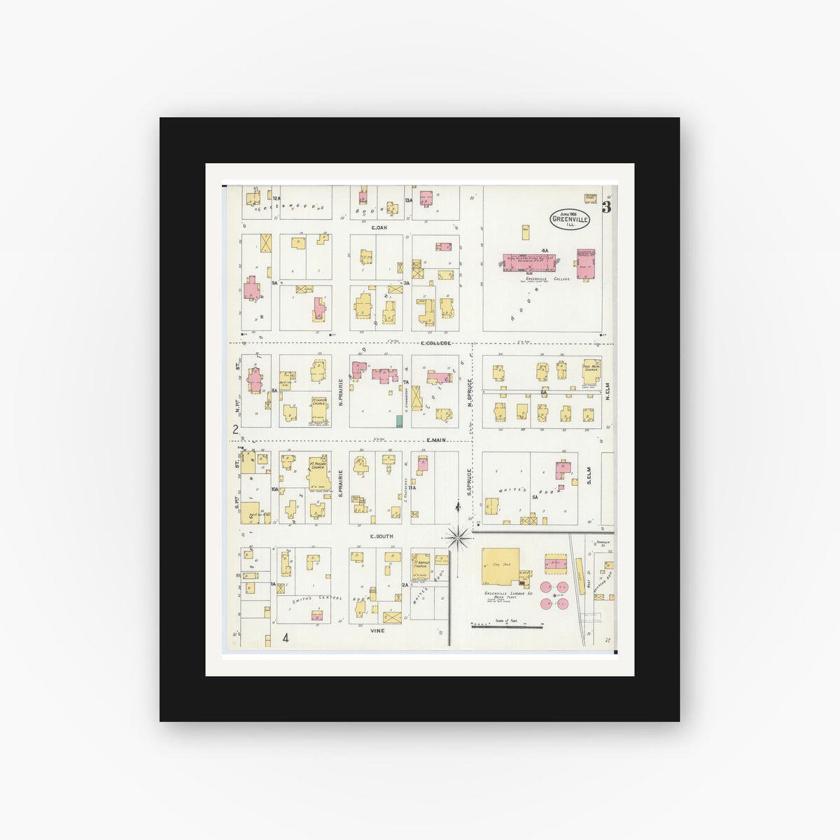 Old map wall art mockup — black gallery frame with white mat — Sanborn Fire Insurance Map from Greenville, Bond County, Illinois (1906), Sheet #0003