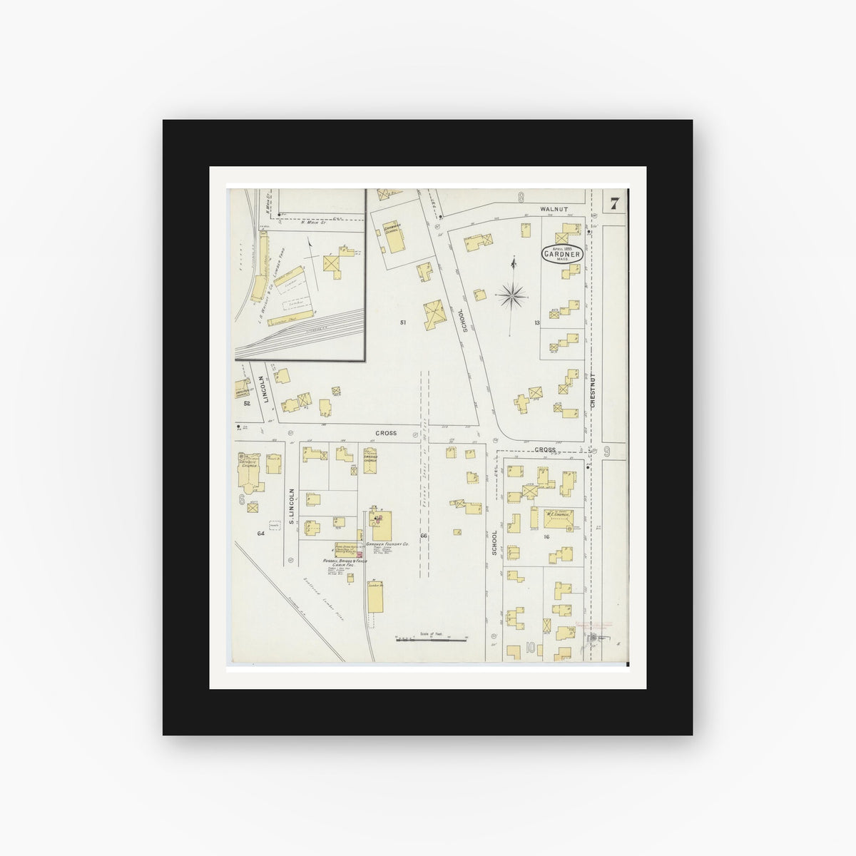 Old map wall art mockup — black gallery frame with white mat — Sanborn Fire Insurance Map from Gardner, Worcester County, Massachusetts (1895), Sheet #0007