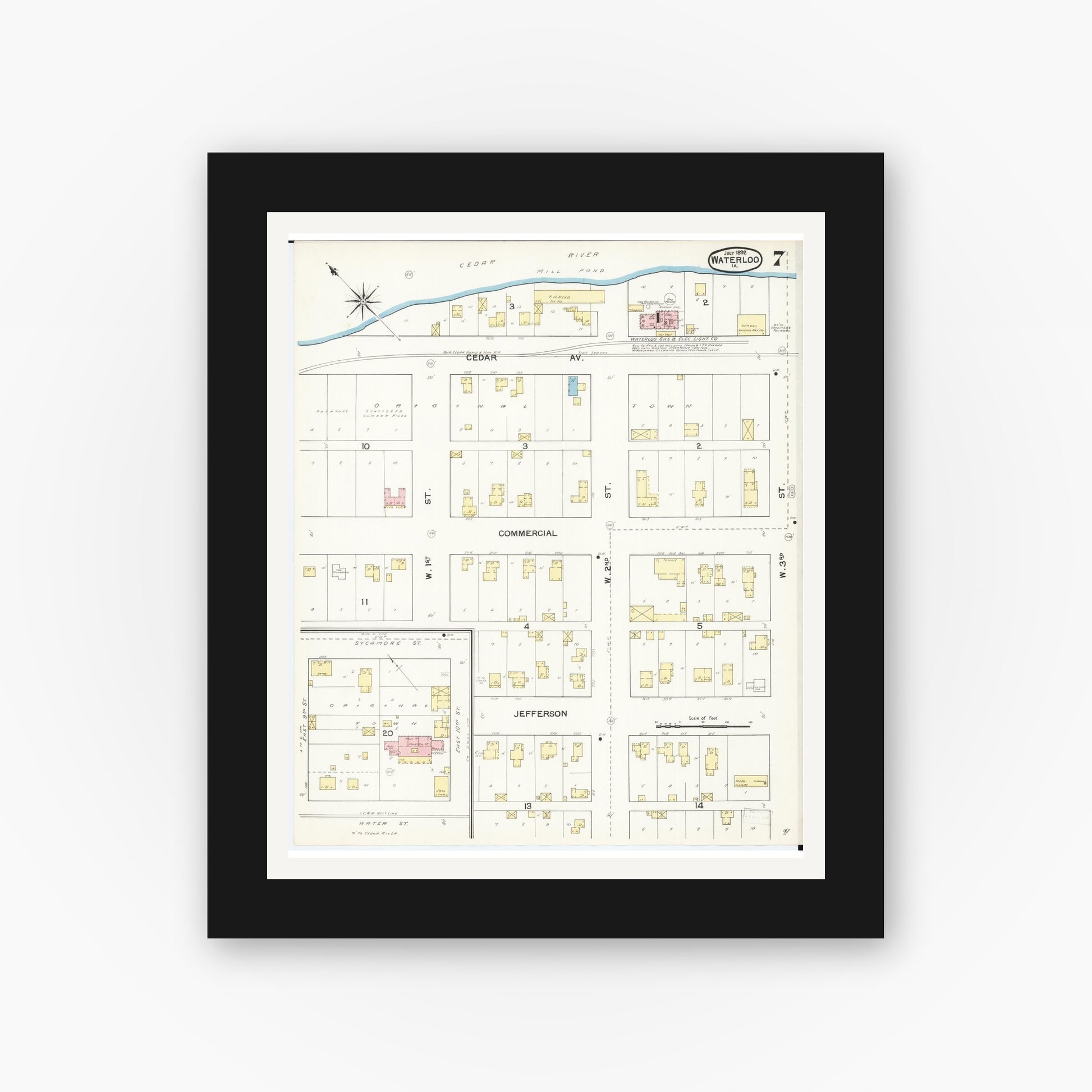 Old map wall art mockup — black gallery frame with white mat — Sanborn Fire Insurance Map from Waterloo, Black Hawk County, Iowa (1892), Sheet #0007