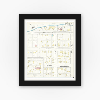 Old map wall art mockup — black gallery frame with white mat — Sanborn Fire Insurance Map from Waterloo, Black Hawk County, Iowa (1892), Sheet #0007