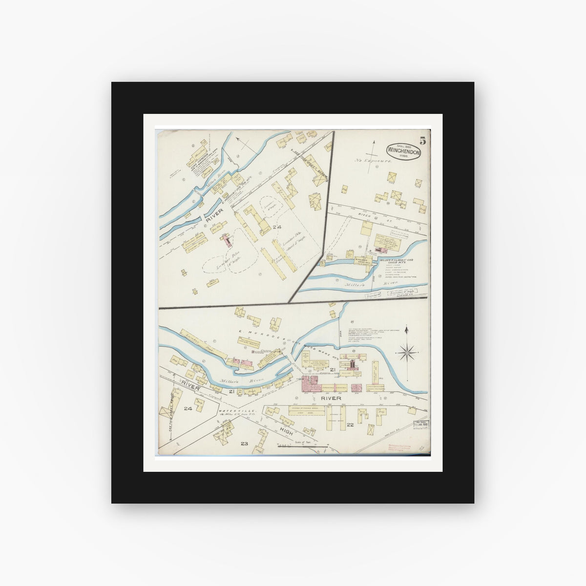 Old map wall art mockup — black gallery frame with white mat — Sanborn Fire Insurance Map from Winchendon, Worcester County, Massachusetts (1885), Sheet #0005