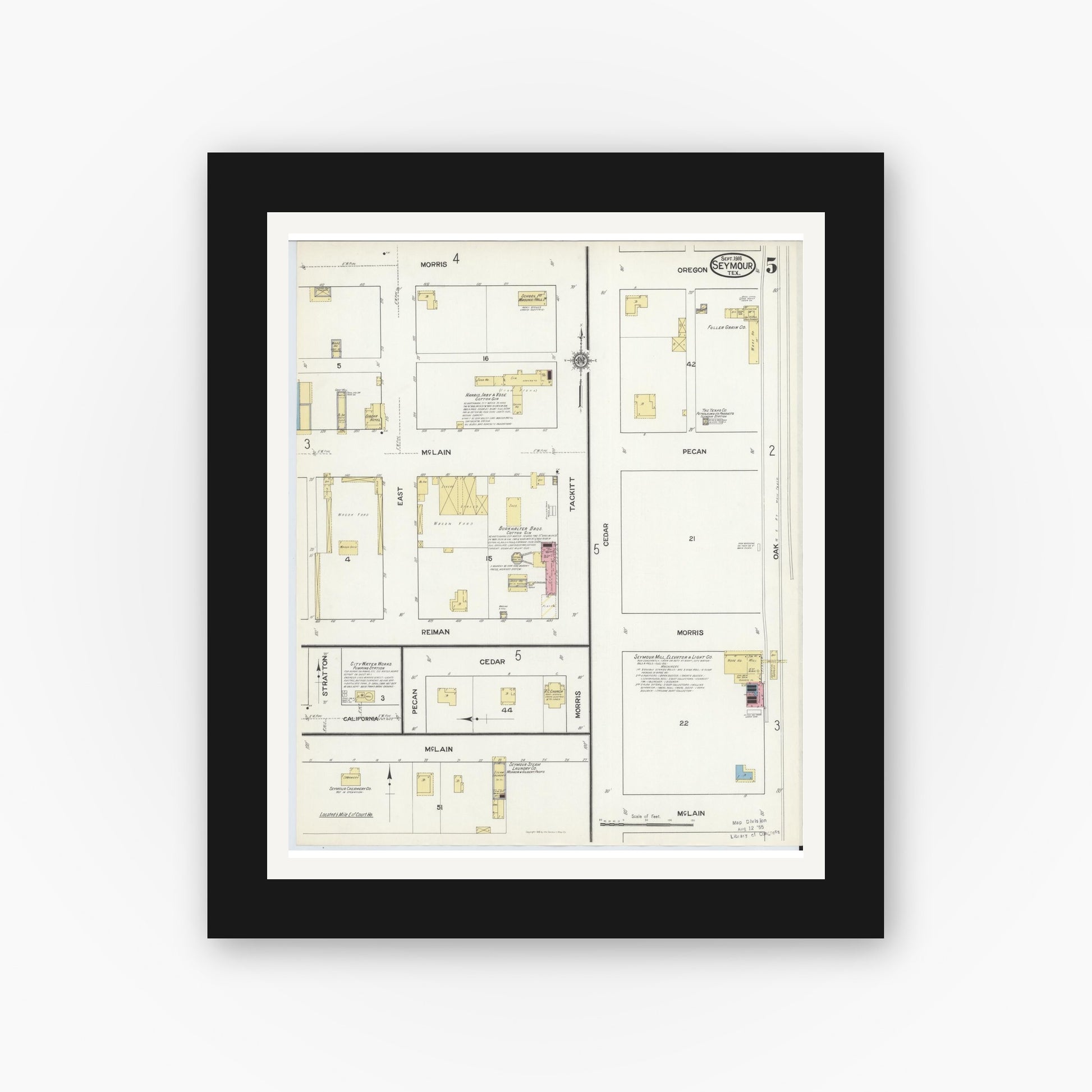 Old map wall art mockup — black gallery frame with white mat — Sanborn Fire Insurance Map from Seymour, Baylor County, Texas (1916), Sheet #0005