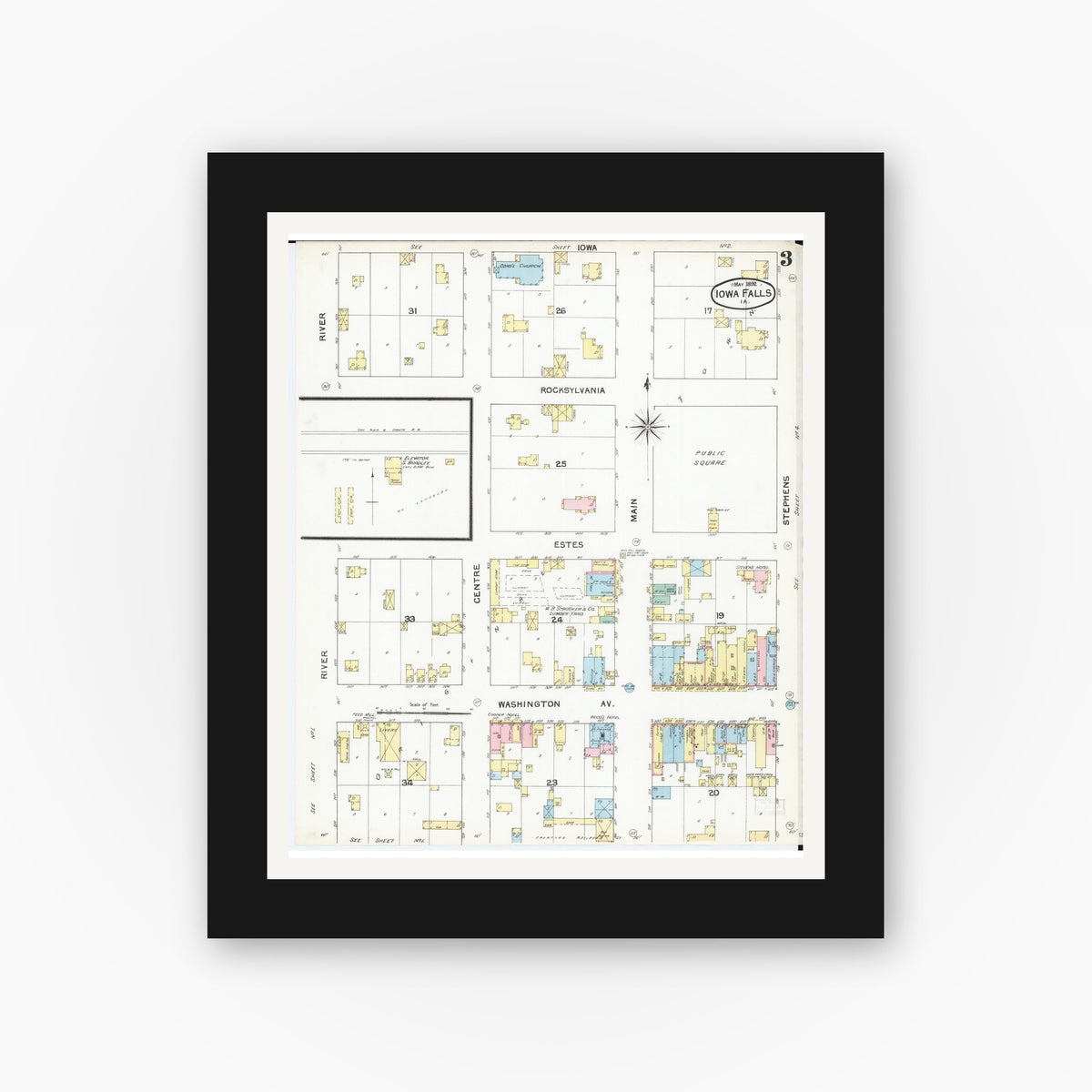 Old map wall art mockup — black gallery frame with white mat — Sanborn Fire Insurance Map from Iowa Falls, Hardin County, Iowa (1892), Sheet #0003