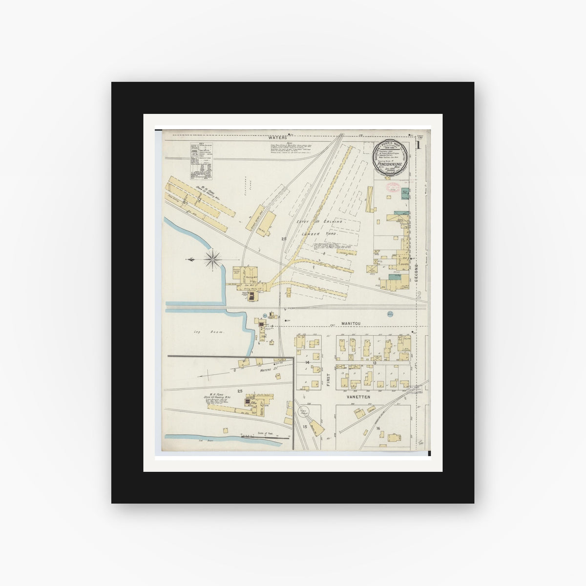 Old map wall art mockup — black gallery frame with white mat — Sanborn Fire Insurance Map from Pinconning, Bay County, Michigan (1894), Sheet #0001