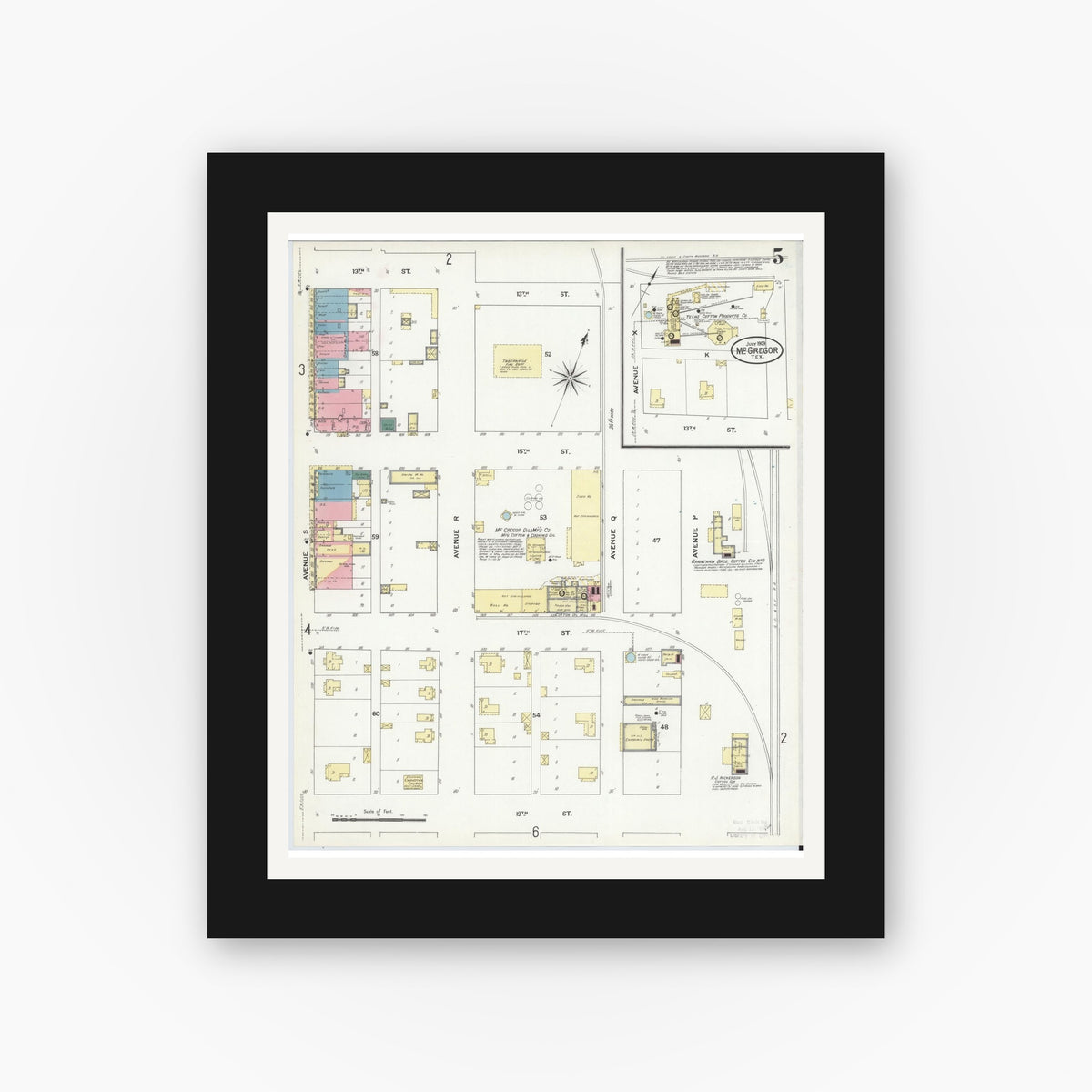 Old map wall art mockup — black gallery frame with white mat — Sanborn Fire Insurance Map from McGregor, McLennan County, Texas (1909), Sheet #0005