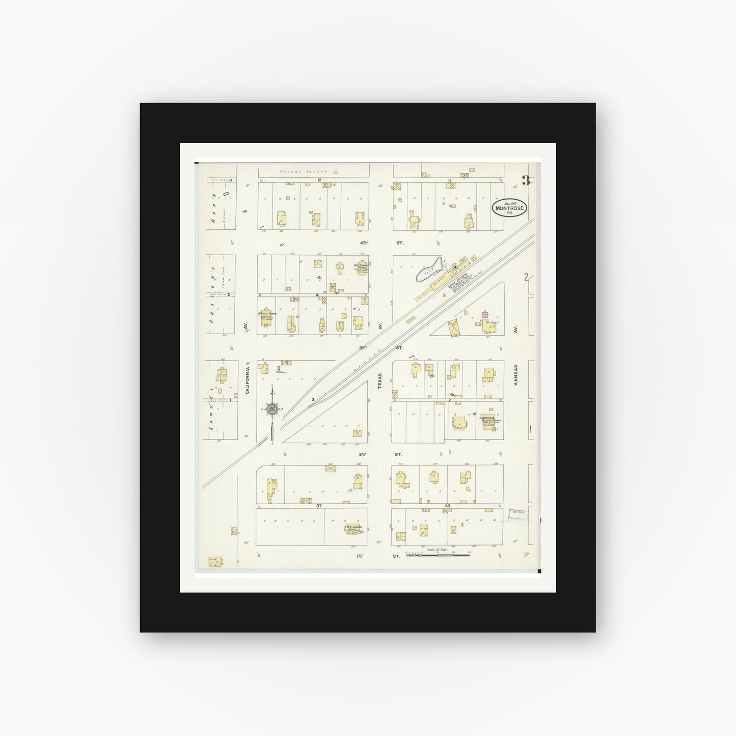 Old map wall art mockup — black gallery frame with white mat — Sanborn Fire Insurance Map from Montrose, Henry County, Missouri (1910), Sheet #0003