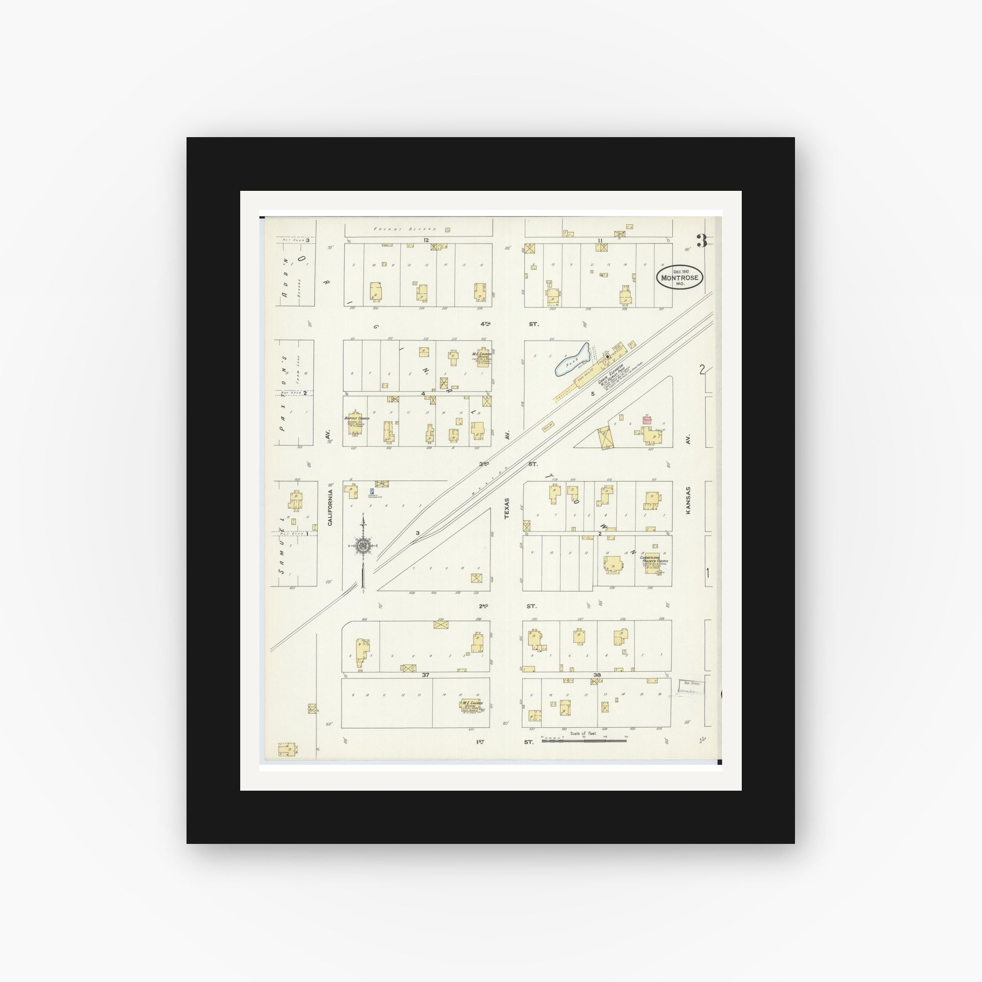 Old map wall art mockup — black gallery frame with white mat — Sanborn Fire Insurance Map from Montrose, Henry County, Missouri (1910), Sheet #0003