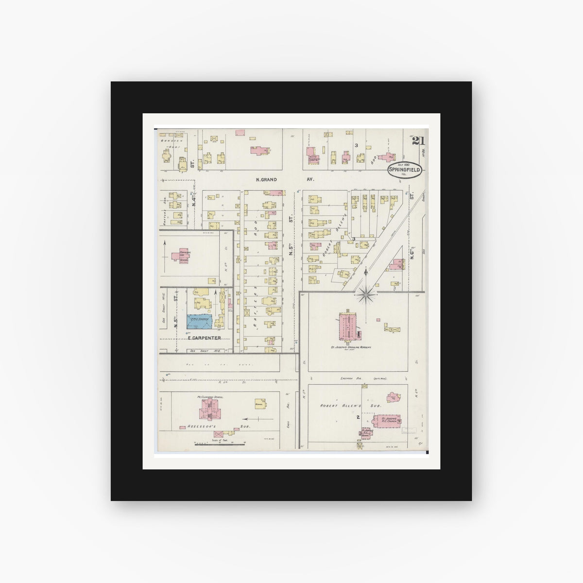 Old map wall art mockup — black gallery frame with white mat — Sanborn Fire Insurance Map from Springfield, Sangamon County, Illinois (1890), Sheet #0021