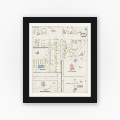 Old map wall art mockup — black gallery frame with white mat — Sanborn Fire Insurance Map from Springfield, Sangamon County, Illinois (1890), Sheet #0021