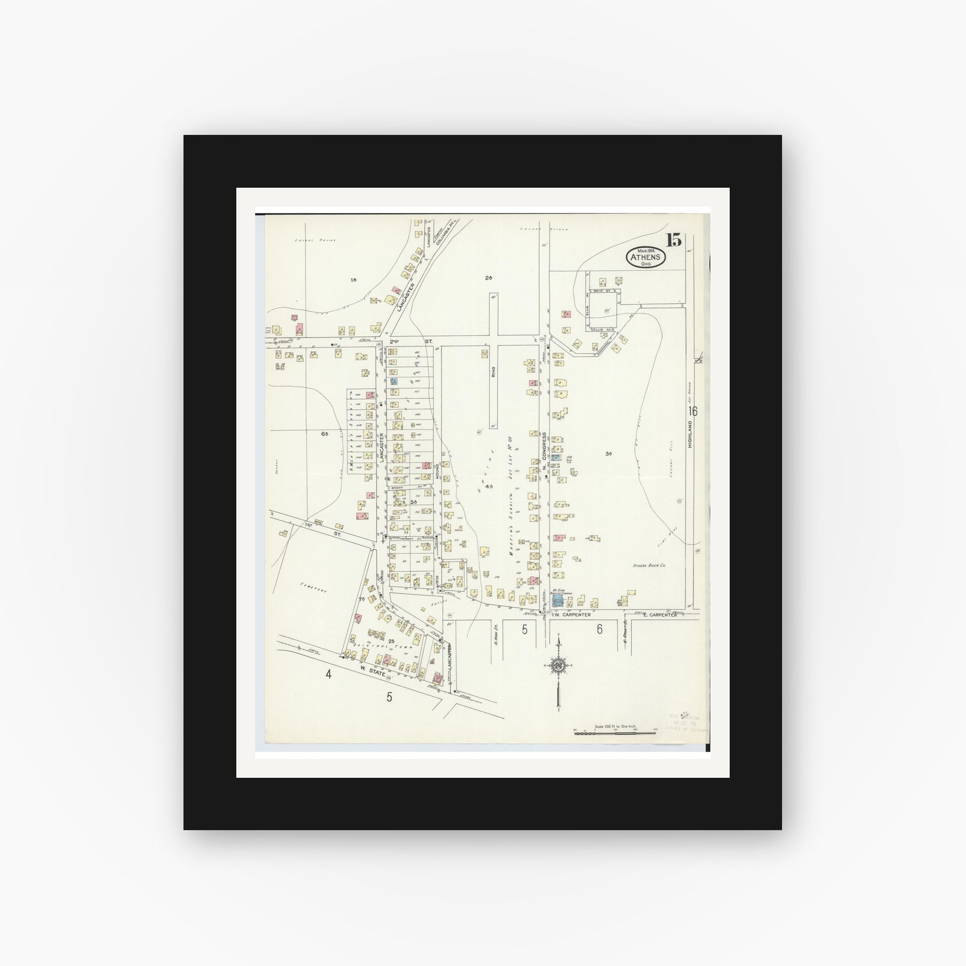 Old map wall art mockup — black gallery frame with white mat — Sanborn Fire Insurance Map from Athens, Athens County, Ohio (1914), Sheet #0015