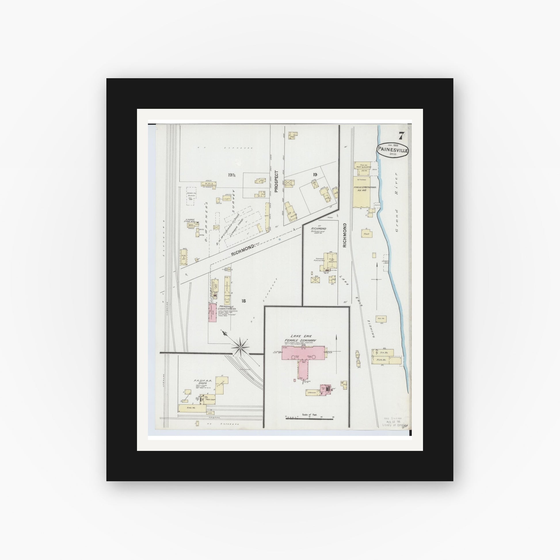 Old map wall art mockup — black gallery frame with white mat — Sanborn Fire Insurance Map from Painesville, Lake County, Ohio (1889), Sheet #0007