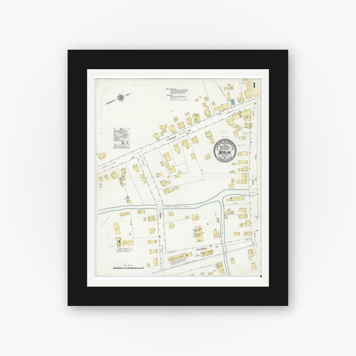 Old map wall art mockup — black gallery frame with white mat — Sanborn Fire Insurance Map from Berlin, Rensselaer County, New York (1912) - Complete Map Set
