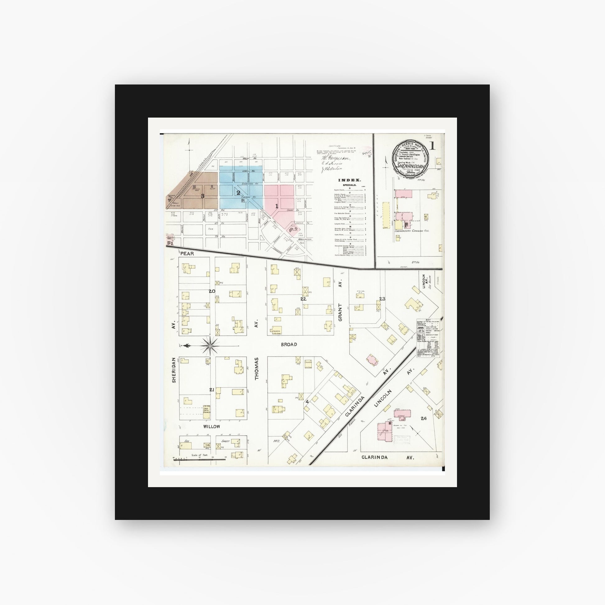 Old map wall art mockup — black gallery frame with white mat — Sanborn Fire Insurance Map from Shenandoah, Page County, Iowa (1891) â€” Complete Set