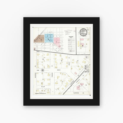 Old map wall art mockup — black gallery frame with white mat — Sanborn Fire Insurance Map from Shenandoah, Page County, Iowa (1891) â€” Complete Set