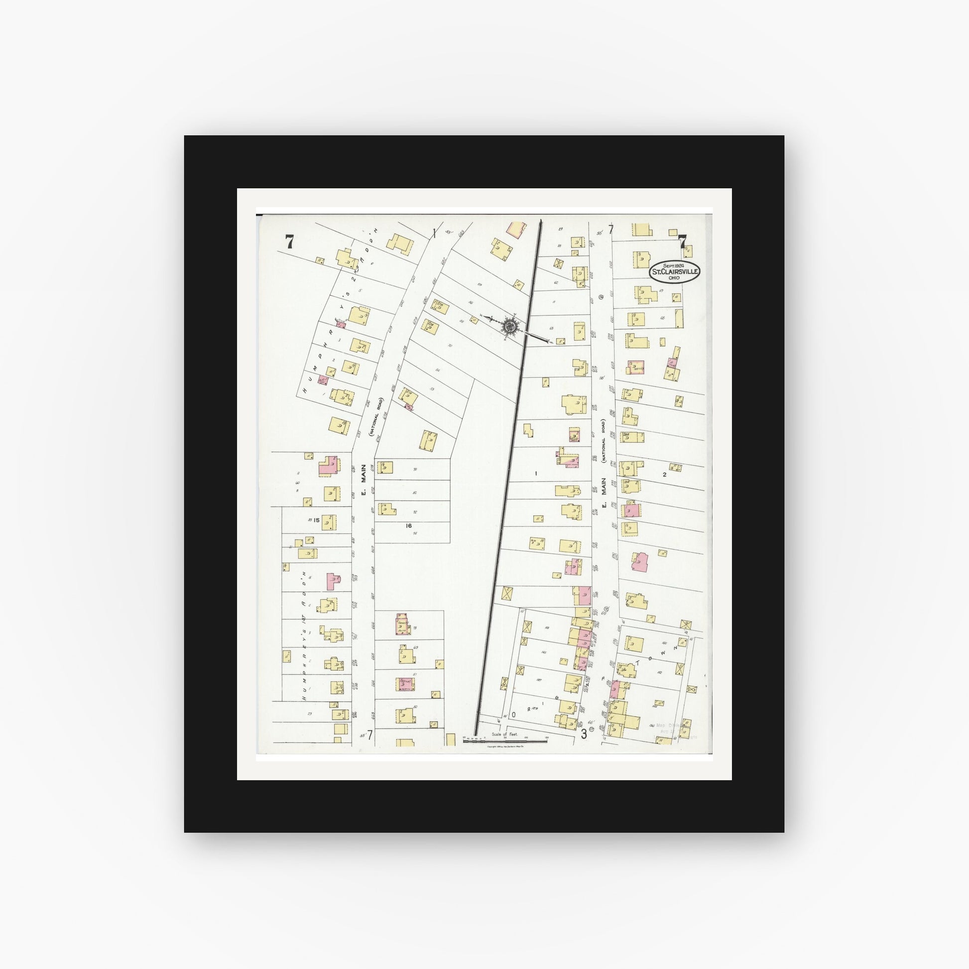 Old map wall art mockup — black gallery frame with white mat — Sanborn Fire Insurance Map from Saint Clairsville, Belmont County, Ohio (1924), Sheet #0007