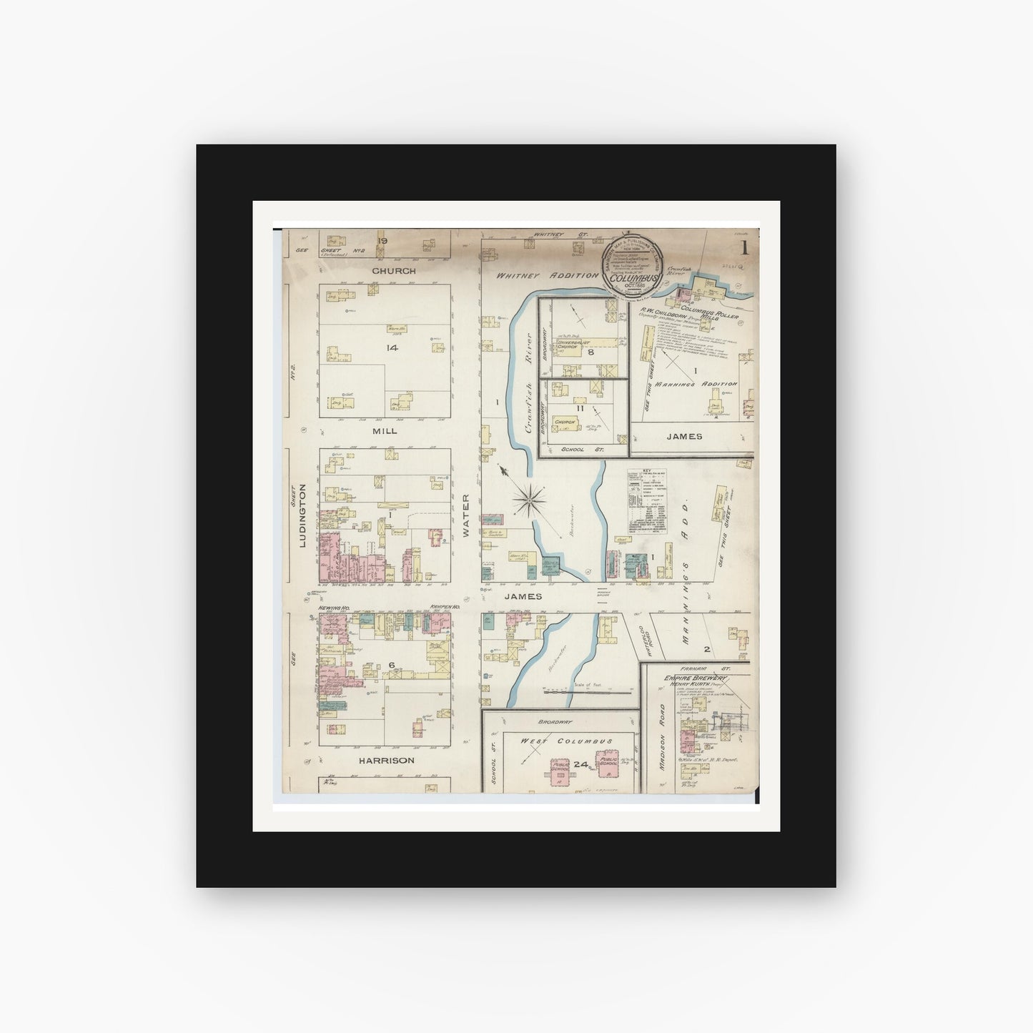 Old map wall art mockup — black gallery frame with white mat — Sanborn Fire Insurance Map from Columbus, Columbia and Dodge County, Wisconsin (1885) - Complete Map Set