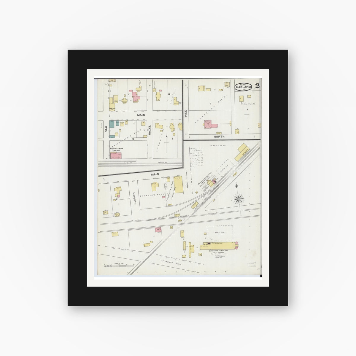 Old map wall art mockup — black gallery frame with white mat — Sanborn Fire Insurance Map from Oakland, Coles County, Illinois (1893), Sheet #0002