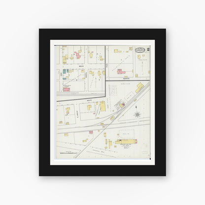 Old map wall art mockup — black gallery frame with white mat — Sanborn Fire Insurance Map from Oakland, Coles County, Illinois (1893), Sheet #0002
