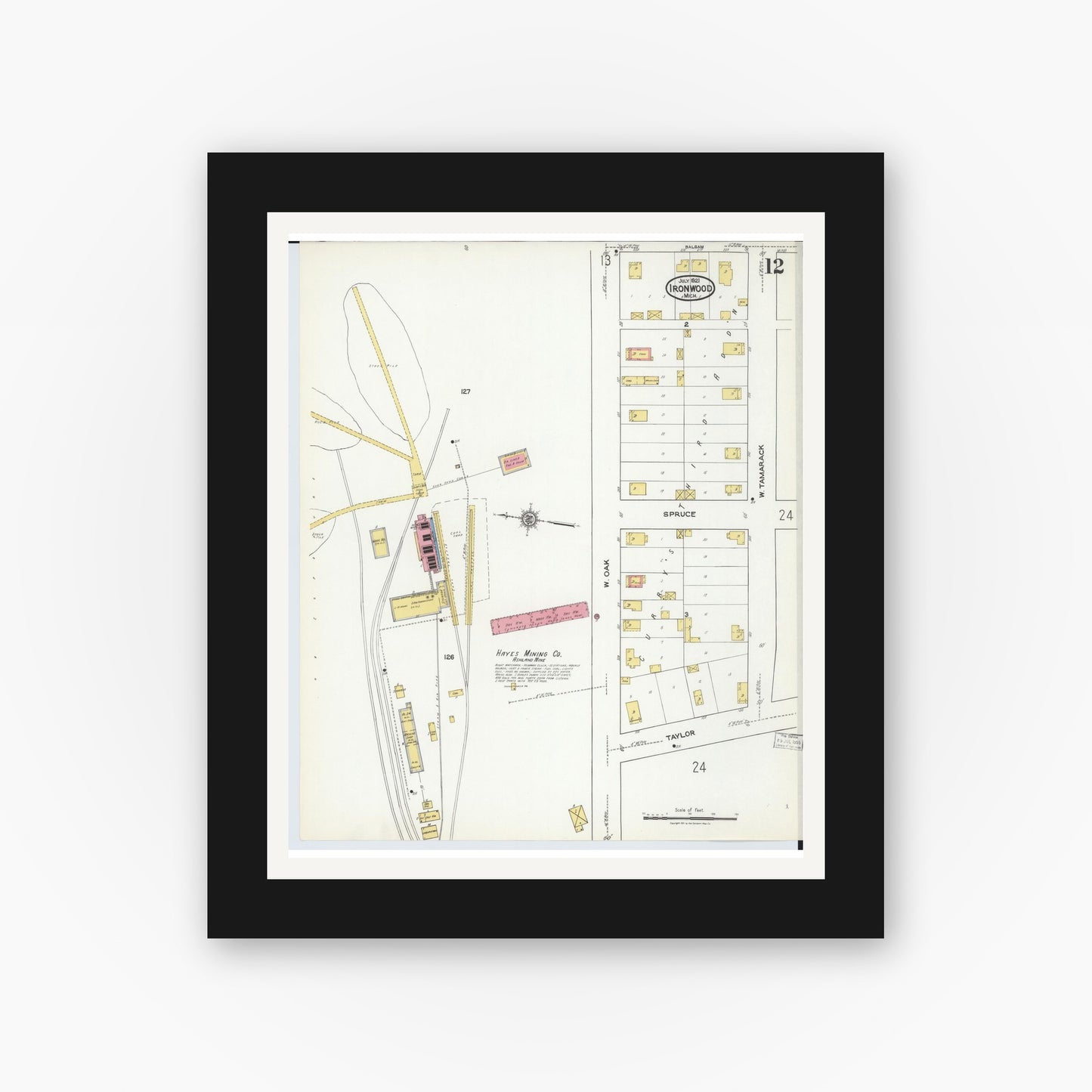 Old map wall art mockup — black gallery frame with white mat — Sanborn Fire Insurance Map from Ironwood, Gogebic County, Michigan (1921), Sheet #0012