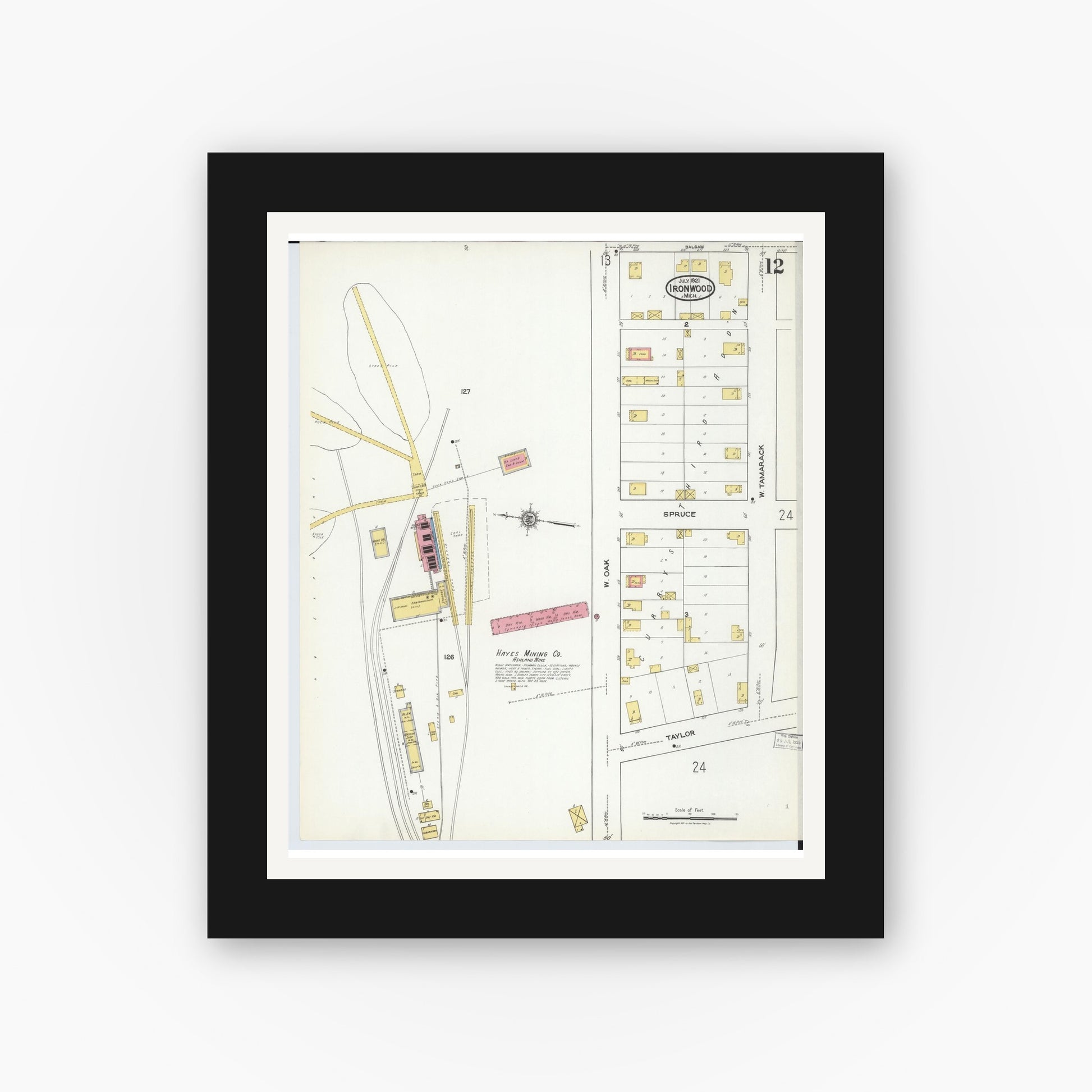 Old map wall art mockup — black gallery frame with white mat — Sanborn Fire Insurance Map from Ironwood, Gogebic County, Michigan (1921), Sheet #0012