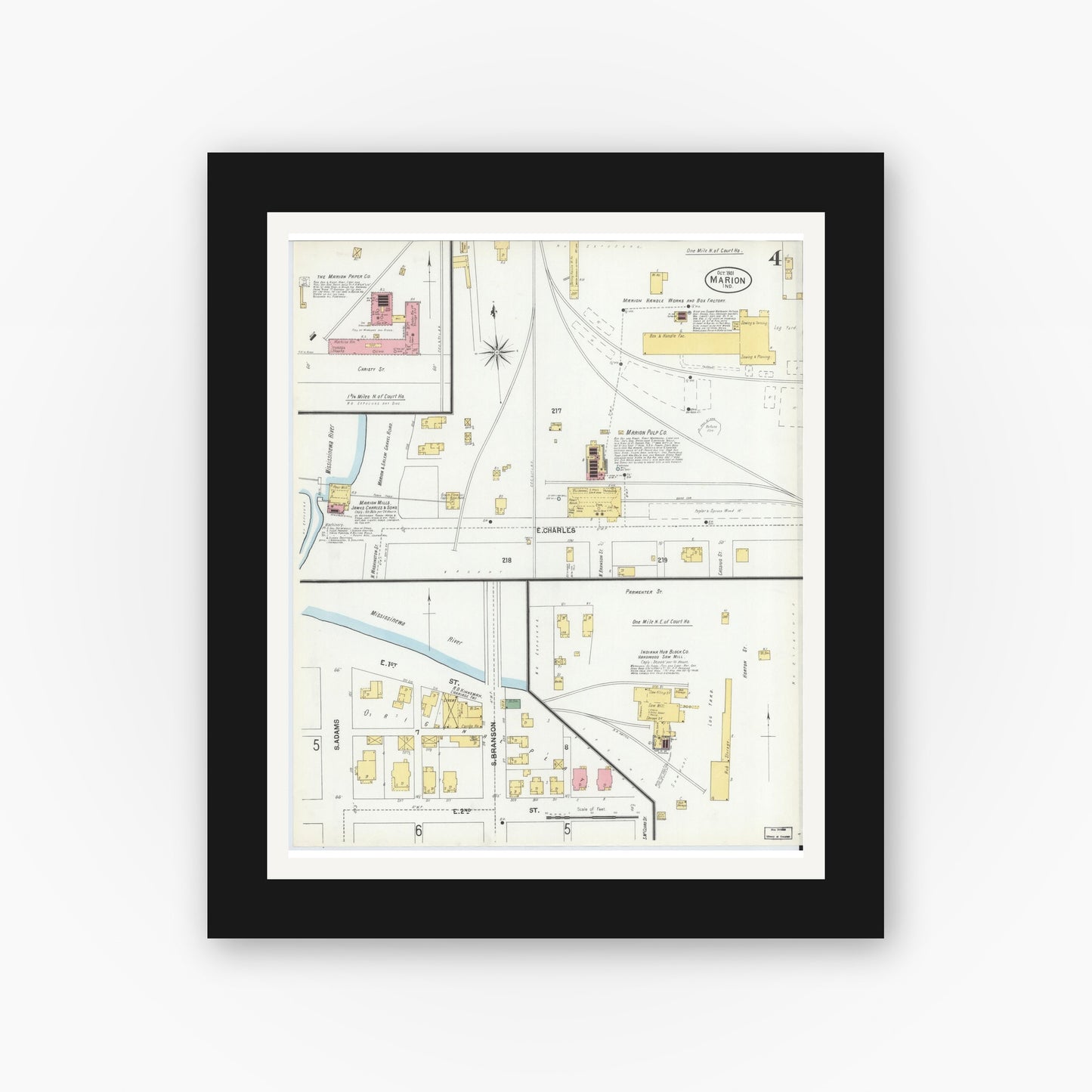 Old map wall art mockup — black gallery frame with white mat — Sanborn Fire Insurance Map from Marion, Grant County, Indiana (1901), Sheet #0004