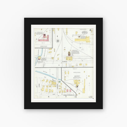Old map wall art mockup — black gallery frame with white mat — Sanborn Fire Insurance Map from Marion, Grant County, Indiana (1901), Sheet #0004