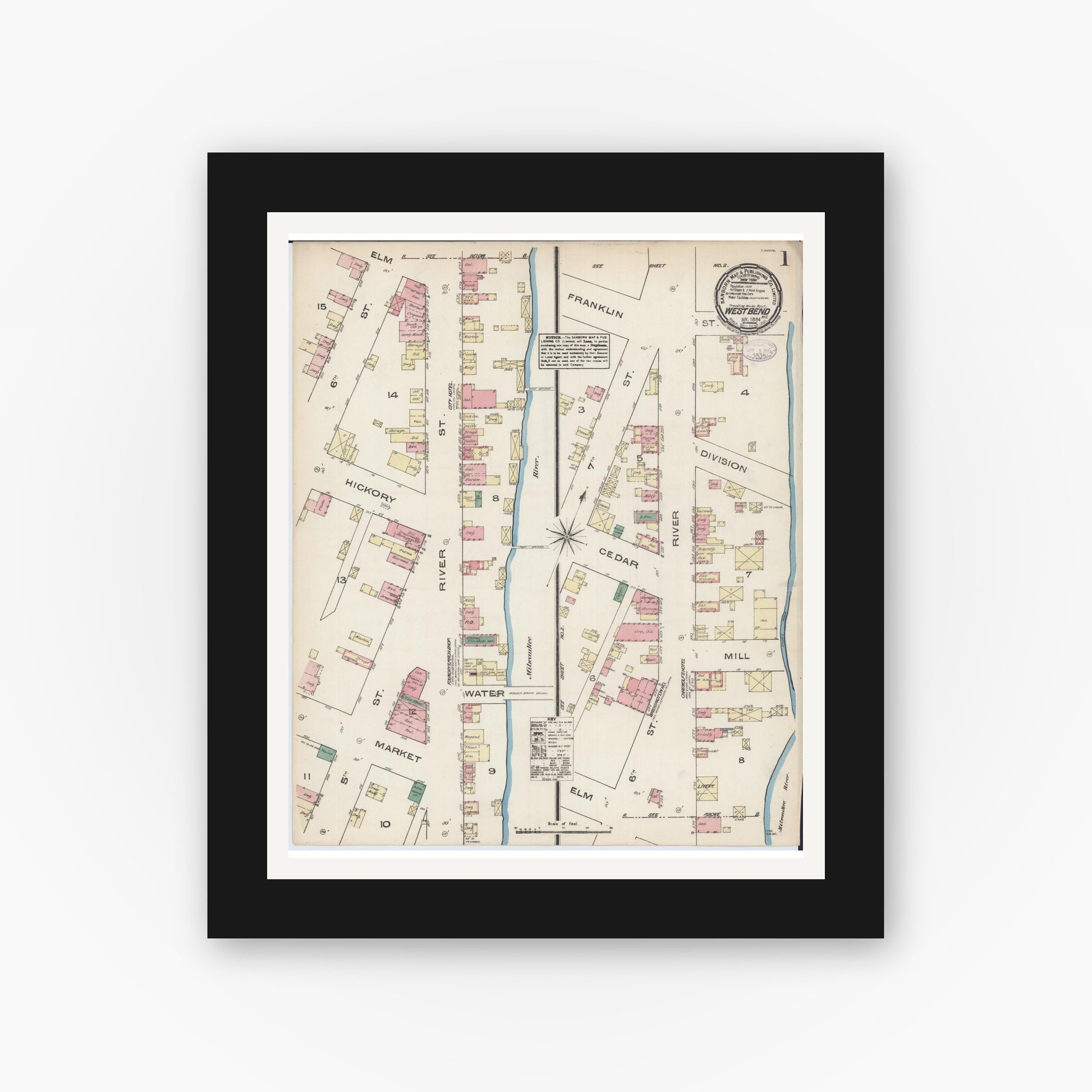Old map wall art mockup — black gallery frame with white mat — Sanborn Fire Insurance Map from West Bend, Washington County, Wisconsin (1884), Sheet #0001