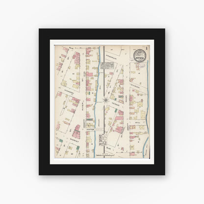 Old map wall art mockup — black gallery frame with white mat — Sanborn Fire Insurance Map from West Bend, Washington County, Wisconsin (1884), Sheet #0001