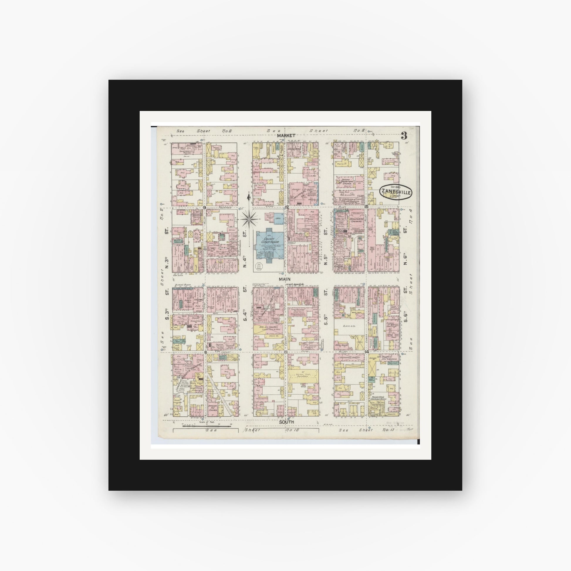 Old map wall art mockup — black gallery frame with white mat — Sanborn Fire Insurance Map from Zanesville, Muskingum County, Ohio (1889), Sheet #0003