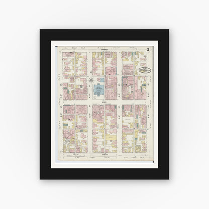 Old map wall art mockup — black gallery frame with white mat — Sanborn Fire Insurance Map from Zanesville, Muskingum County, Ohio (1889), Sheet #0003