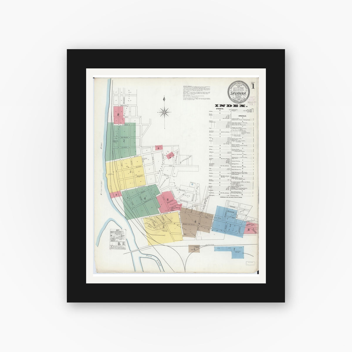 Old map wall art mockup — black gallery frame with white mat — Sanborn Fire Insurance Map from Savanna, Carroll County, Illinois (1903) - Complete Map Set