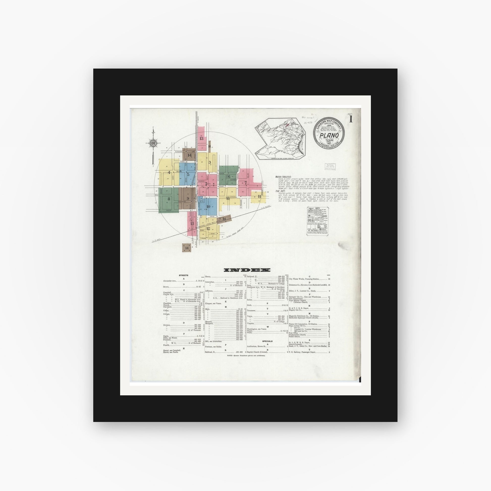 Old map wall art mockup — black gallery frame with white mat — Sanborn Fire Insurance Map from Plano, Collin County, Texas (1921), Sheet #0001