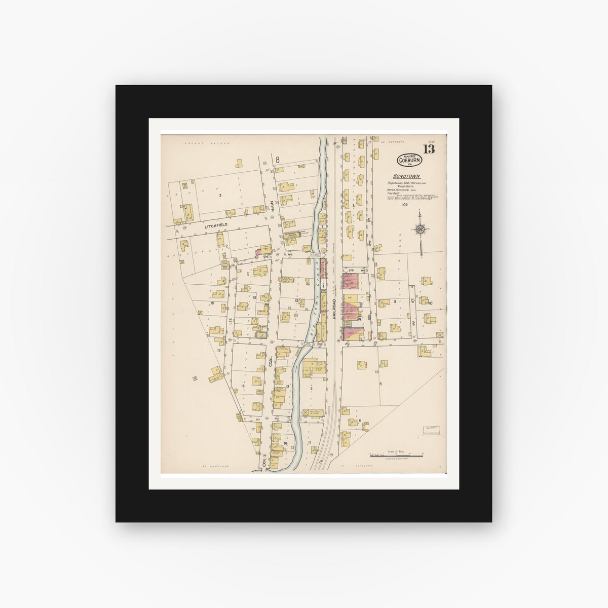 Old map wall art mockup — black gallery frame with white mat — Sanborn Fire Insurance Map from Coeburn, Wise County, Virginia (1922), Sheet #0013
