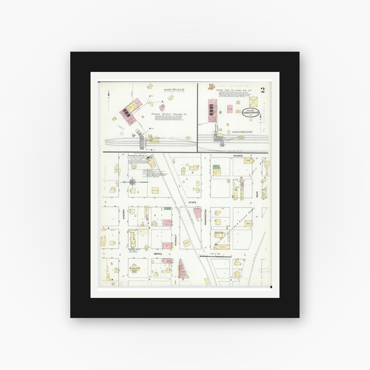 Old map wall art mockup — black gallery frame with white mat — Sanborn Fire Insurance Map from Christopher, Franklin County, Illinois (1910), Sheet #0002