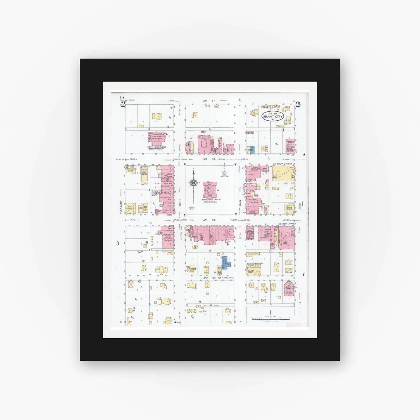 Old map wall art mockup — black gallery frame with white mat — Sanborn Fire Insurance Map from Grant City, Worth County, Missouri (1928), Sheet #0002