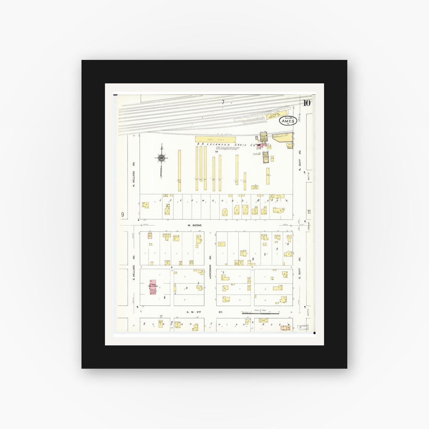 Old map wall art mockup — black gallery frame with white mat — Sanborn Fire Insurance Map from Ames, Story County, Iowa (1911), Sheet #0010